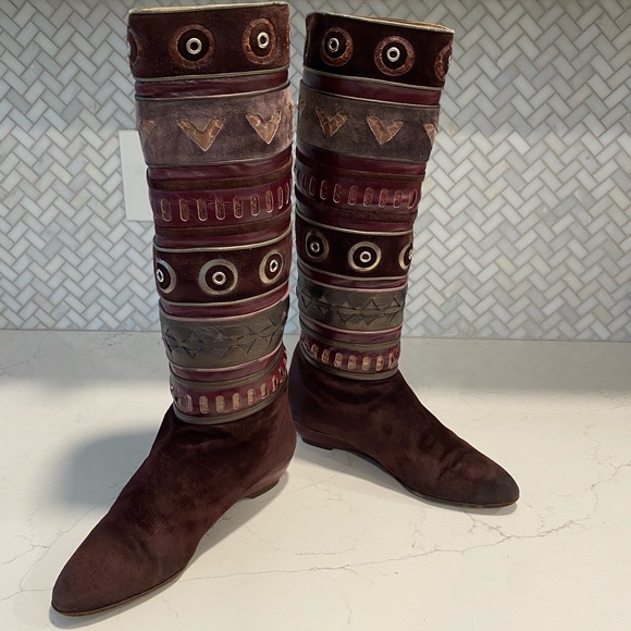 Ottorino Bossi Shoes - 🤩 Vintage RARE 80s Ottorino Bossi DesignerEthnic Boots Suede & Leather 6.5